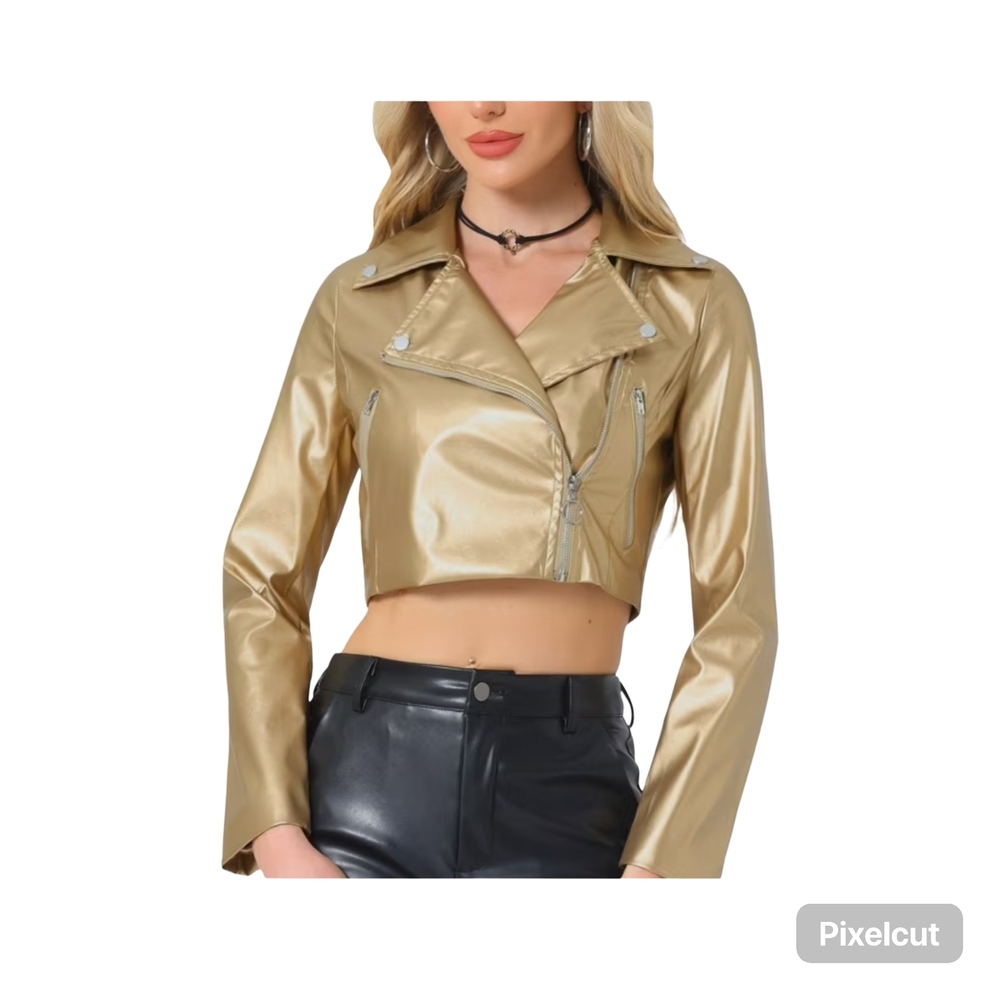 NWOT Size Xs Allegra K Gold Cropped Moto Jacket